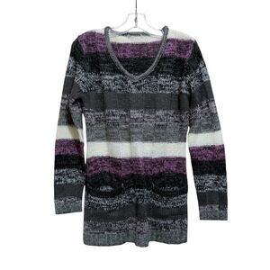 Striped Knit Sweater in Purple and Gray Medium
